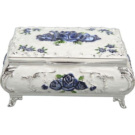 Rechteckige Vintage-Schmuckschatulle aus Metall, dekorative Aufbewahrungsbox für Damen und Mädchen, silber, weiß, blau, rosa (1/5)