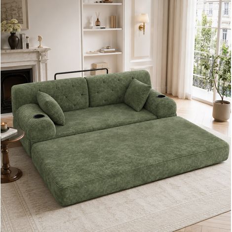 Canapé-lit 168 cm vert en velours côtelé avec dossier haut, 4 poches latérales et 2 porte-gobelets (1/5)