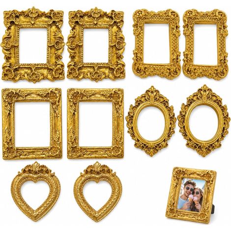 Lot De 10 Mini Cadres Photo Vintage En Résine, Petits Cadres Dorés Cadres Photo Miniatures Style Baroque Doré Pour Photos Accessoires Photo En Relief Décoration Murale Étui De Téléphone Diy (1/5)