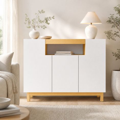 Credenza moderna a 3 ante bianca e effetto legno in pannello truciolare (1/5)