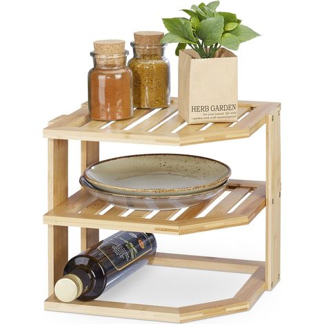 Relaxdays Organizer Angolare in bambù, Scaffale su 3 Livelli, per Cucina, Bagno, Scrivania, HLP: 24x27x25,5 cm, Naturale (1/5)