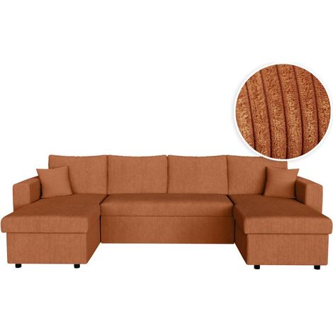 Loungitude – Canapé d'angle panoramique convertible 6 places avec 2 coffres – Velours côtelé terracotta – Système de couchage tiroir lit (1/5)