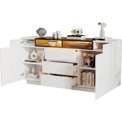 Sideboard mit 2 Türen, 3 Schubladen, 2 halboffenen Fächern und LED für Wohnzimmer aus Spanplatte Weiß (1/5)