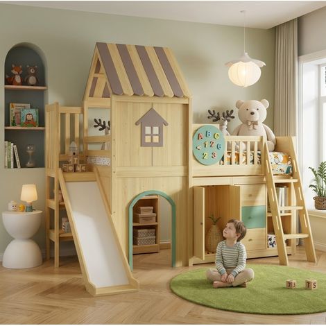Lit mezzanine 90x200 cm - Lit cabane - Avec toboggan, escalier 3 marches et rangements - En bois massif et MDF - Naturel et vert (1/5)