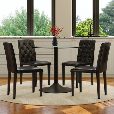 Esstisch- und Stuhlset, 1 runder Glastisch 85 cm und 4 schwarze PU-Stühle HAVRYA (1/5)