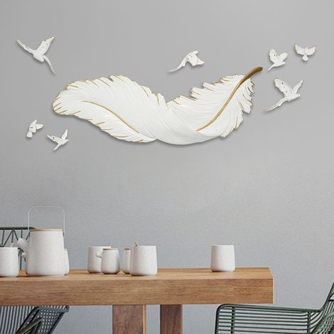 Decoración mural 3D con plumas, colgante de pared con plumas, escultura mural, alas, decoración mural para salón y dormitorio, color blanco. (1/5)