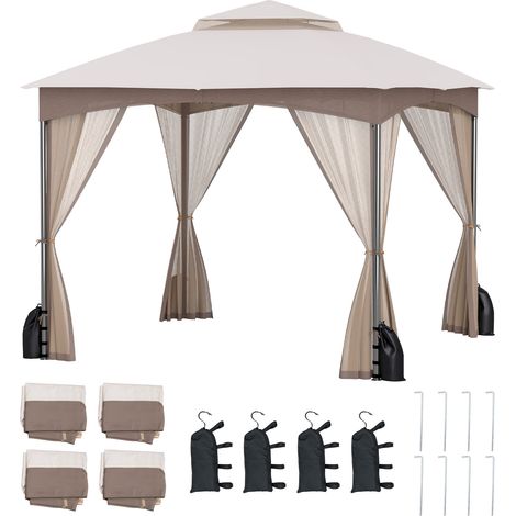 COSTWAY 296x296cm Patio Gazebo Soft Top Double Roof Canopy w/Netting Walls-Khaki (1/5)