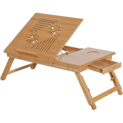 EASYCOMFORT Tavolino da Letto per PC Portatile con Sistema di Raffreddamento in Bambù 55 × 35 × 22-30cm