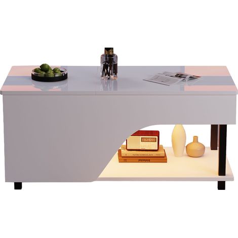 ELVMI Mesa de Centro Elevable con Almacenamiento Oculto, Estantes Ajustables y LED, Salón, Blanca, 100 x 50 x 46 cm (1/5)