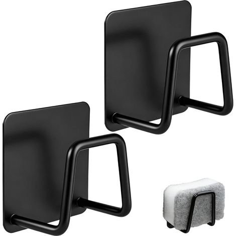 2 Pièces Porte Eponge Evier Cuisine, 5 × 5 × 3 cm Noir Support Eponge Evier Cuisine en Acier Inoxydable 304, Multifonctionnel Porte Éponges Auto Adhésif pour Éponges, Brosses (1/5)