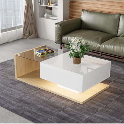 Tavolino da caffè 105x55x32.5 cm naturale e bianco lucido in pannello truciolare con vetro temperato e LED (1/5)