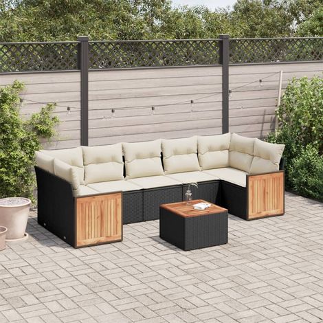 Ensemble Salon Jardin 8 Places Noir Résine Tressée avec Table Acacia et Coussins Crème (1/5)
