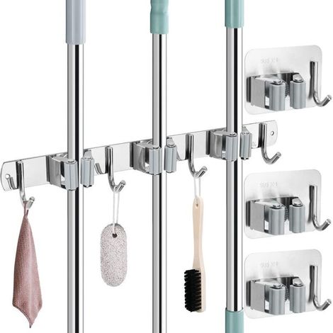 Accroche Balai Mural, Porte Balais en Acier Inoxydables avec 3 Emplacements, 4 Crochets et 3 Crochets Adhésifs Support Balai Organisateur Vadrouille de Rangement pour Jardin, Cuisine, Garage H314