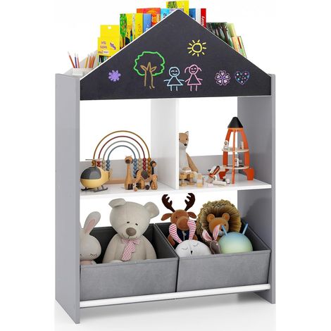 GOPLUS Bibliothèque pour Enfants en Forme de Maison avec Tableau Noir/Blanc-2 Compartiments et 2 Bacs en Tissu Gris (1/5)