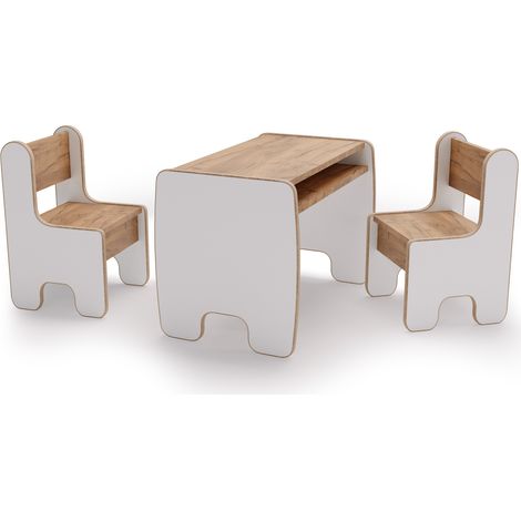 Table Timi pour enfant et deux chaises MDF coloris blanc / chêne craft gold
