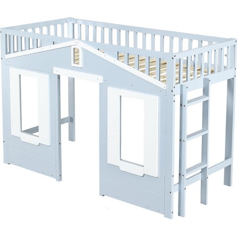 Cama alta infantil 90 x 200 cm de pino, MDF y contrachapado, azul (1/5)