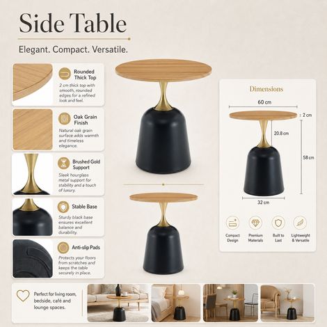 Mesa auxiliar redonda Kérian Ø60 cm estrutura metálica robusta, efeito madeira moderno acolhedor, mesa versátil como mesa sala estar, de cabeceira ou escritório (1/5)