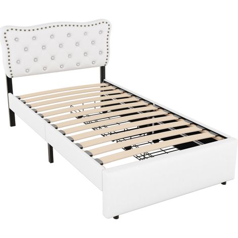 Letto capitonné 90 x 200 cm in MDF e lino, beige chiaro, con 2 cassetti (1/5)