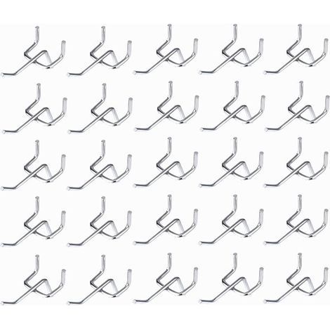 50pcs Crochets pour Panneaux Perforés, Espacement des Trous de 25 mm Épaisseur 32 mm Longueur 50 mm Crochets Muraux Garage Crochets pour Panneaux Muraux Outils Rangement de Garage (Argen (1/5)