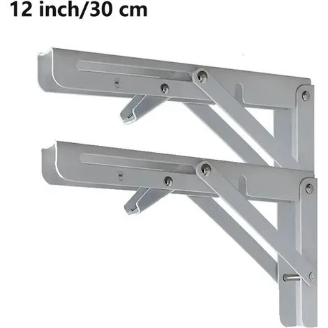 (Blanc 30 cm) 2 supports d'angle triangulaires pliables, robustes et réglables, pour fixation murale, banc, table ou étagère. (1/5)