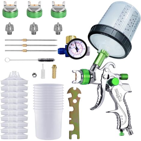 Pistolet pulvérisateur de Peinture avec 10 gobelets jetables de 600 ML et jauge de Pression, kit de Pistolet de pulvérisation de Voiture avec 3 Buses 1,4/1,7/2 mm et gobelet mélangeur (Vert) (1/5)