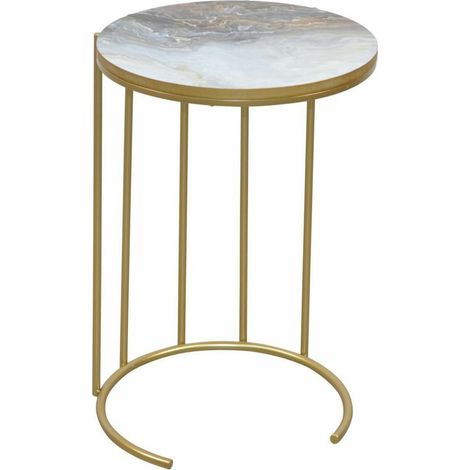 Mesa auxiliar con soporte para flores de acero, tablero de MDF dorado/mármol, mesa de salón MED05133