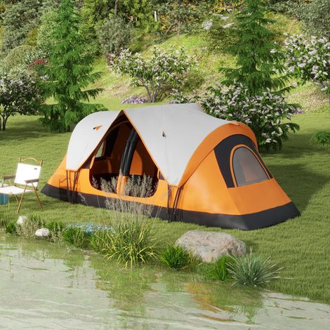 Tente camping 2 chambres Mur séparation 6 à 8 personnes Protection contre pluie Orange