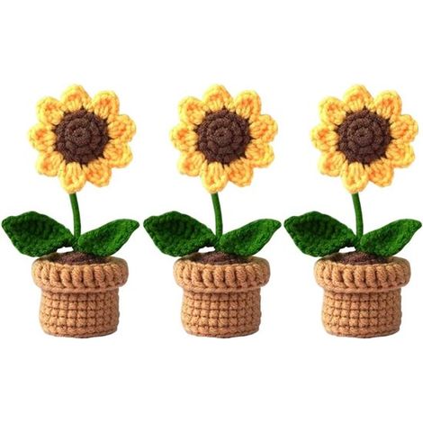 3 mini flores artificiales en maceta，flores de ganchillo hechas a mano，girasol totalmente hecho a mano，color n.º 6 (1/2)