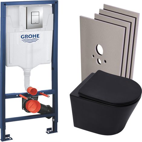 Grohe Pacchetto toilette Bati-support Rapid SL + vaso SAT Infinitio nero opaco + sedile anticaduta + piastra di copertura cromata + ki