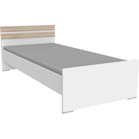 Lit pour enfant coloris Blanc, rechampis imitation chêne - Longueur 204 x Hauteur 71 x largeur 96 cm -PEGANE- (1/2)