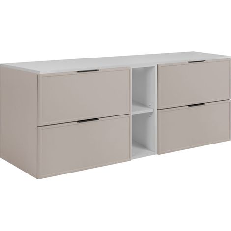 Rodan Waschbeckenunterschrank Slim 140,6 cm, Cashmere, 46 x 140 x 58,6 cm, wandhängend, weiße Platte und Ablage, 3 Grifffarben inklusive