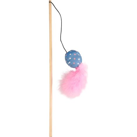 Jouet pour Chat Canne à pêche en Bambou avec Balle Textile Plumes Herbe à Chat Longueur 40 cm