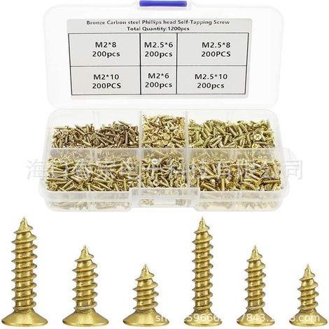 Vis À Bois Tête Plate - Acier Au Carbone - 5 mm 6 mm 7 mm 8 mm 10 mm - Doré - Lot De 1200 Pièces Avec Boîte Organisée (1/5)