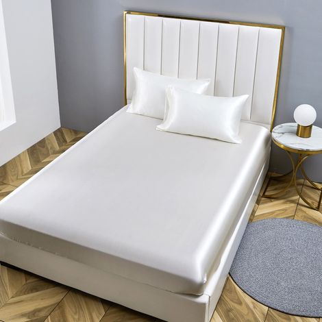 Damier Drap-housse 200x200 cm Blanc Satin Soie Satiné Drap-housse Unicolore, adapté pour les matelas jusqu'à 30 cm (1/5)