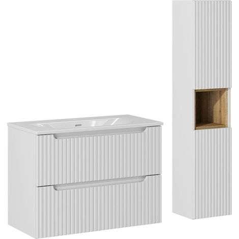 Ensemble meuble simple vasque encastrée 80cm 2 tiroirs et colonne Riva Blanc et Bois