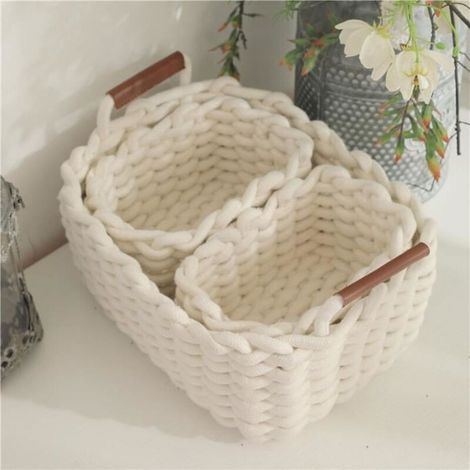 3Pcs Panier de Rangement en Corde de Coton,Boîte de Rangement,Organiseur de Placard pour Bureau,Salle de Bain,Chambre de bébé(Blanc) (1/4)