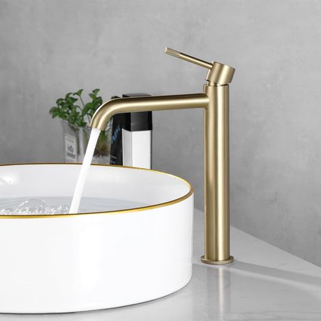 Robinet de Lavabo pour Salle de Bain, Mitigeur Lavabo Haut Vasque à Poser, Mitigeur Salle De Bains en Acier Inoxydable, Brosser or PTMP21G (1/5)