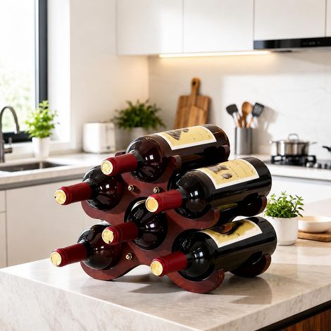 Porte-Bouteilles de Vin 6 Bouteilles, Casier à Vin en Bois Massif, Rangement Horizontal Compact pour Cuisine, Bar, Salon ou Cellier, Présentoir à Vin de Table, 27,5 x 22 x 16 cm (1/5)