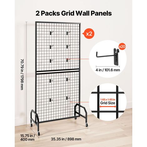 Lot de 2 panneaux grille murale 898 x 1798 mm présentoir fil métal déplaçable sur roues + 10 crochets, acier carbone noir, expo création rangement déco affichage (1/5)