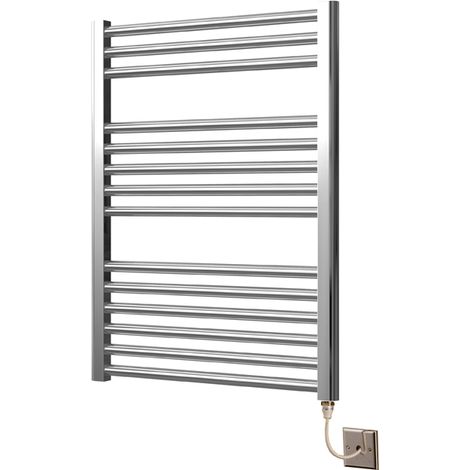 Extra High Heat Output Chrome Electric Towel Rail 600 x 800mm Flat Bathroom Radiator Heater + 7 Day Timer/Thermostat (1/4)