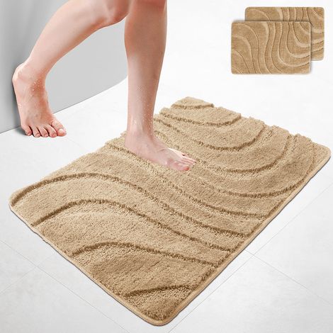 VOUNOT® 2er-Set Badematte Rutschfeste, Mikrofaser Badezimmerteppich Wellenmuster 60x90cm Beige