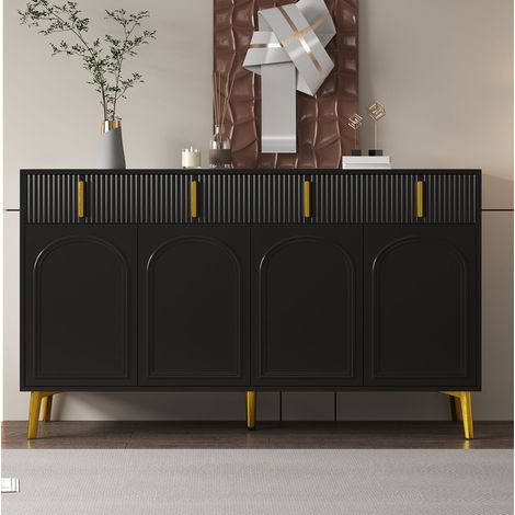 Credenza in MDF nero con 4 ante, 4 cassetti e ripiani regolabili, dettagli dorati, 140x38x82 cm (1/5)
