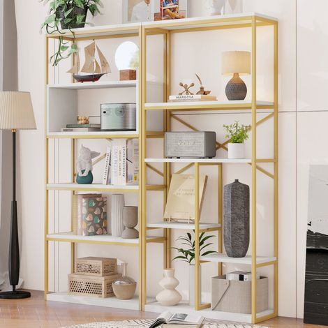 Étagère bibliothèque 160 x 29,5 x 180 cm en MDF et métal, style moderne, or et blanc (1/5)
