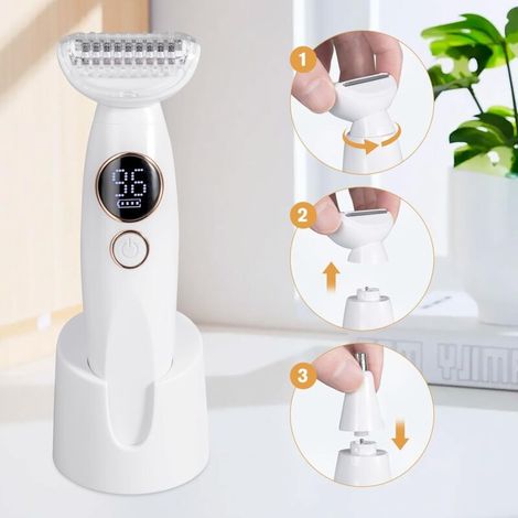 5-in-1 Elektrorasierer für Frauen, Intimtrimmer, IPX7 wasserdichter Bikinitrimmer mit USB-Ladestation für Gesicht, Körper, Augenbrauen und Bikinizone (1/4)