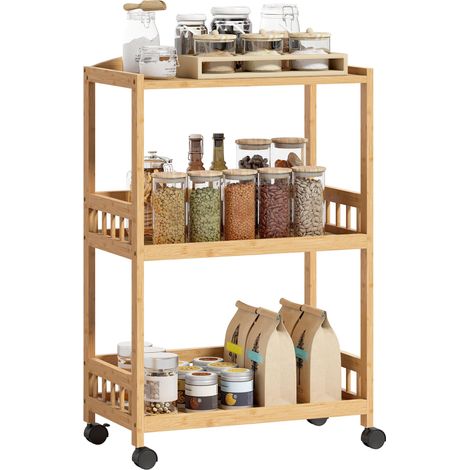 Chariot de cuisine / Desserte à roulettes à 3 niveaux – Chariot de service avec espace de rangement – ​​Étagère de cuisine sur roues – Pour cuisine, salle de bain ou bureau – Bois naturel