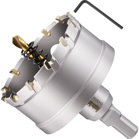 Kit de scie-cloche 64 mm en carbure de tungstène avec foret central, clé hexagonale et ressort – pour métaux durs, feuilles en acier inoxydable, tubes carrés, fibre de verre, argent (1/5)
