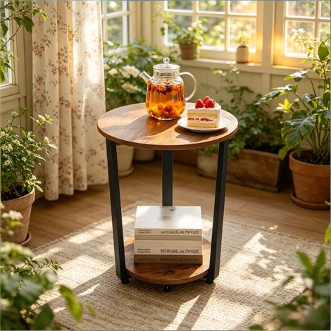 Table pour plantes, petite table pratique, table d'appoint ronde, table basse, table de rangement à 2 étagères (table basse uniquement)