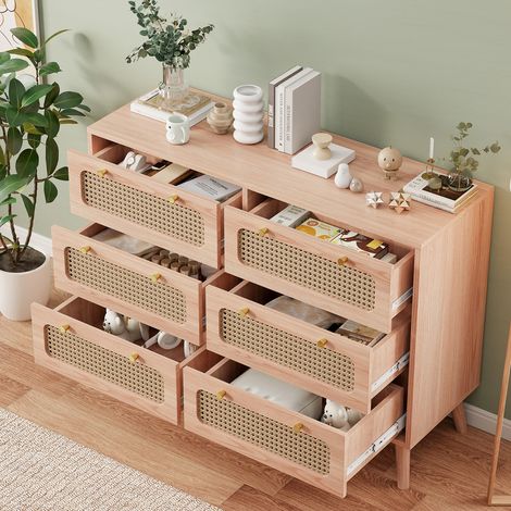 Commode en Rotin Tressé avec 6 Tiroirs, Bureau d'appoint, meuble de rangement avec pieds en bois massif. Idéale pour chambre, salon, entrée ou bureau.