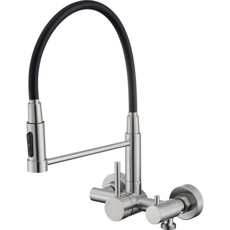 Robinet de Cuisine Mural avec Raccord 3/4 Pouce, Mitigeur Evier Mural pour Lave-Vaisselle/Lave-Linge, Robinetterie Cuisine avec 3 Types de Jets, Bec Flexible Rotatif à 360°, Brossée (1/5)
