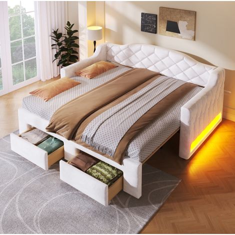 REDOM cama nido 213x97.5x86 cm, extensible 90x200 a 180x200, 2 cajones, LED, MDF y madera contrachapada tapizada blanca (1/5)